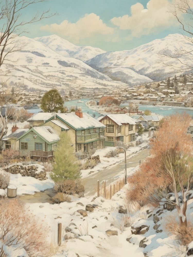 Vintage Winter Illustration Queenstown New Zealand 2