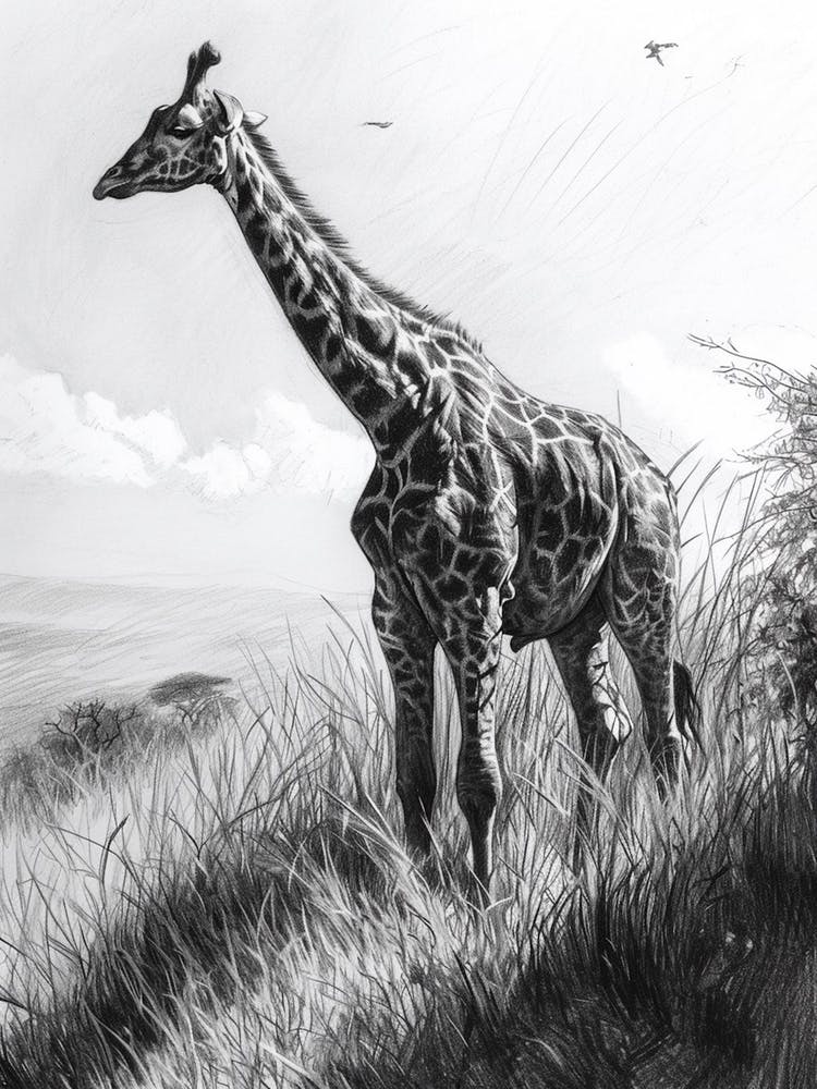 Giraffe In The Grass Pencil Drawing 6