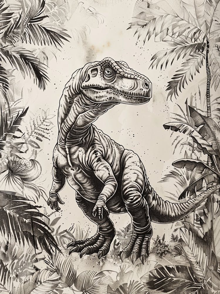 Nodosaurus Dinosaur In The Leaves Black Ink Illustration