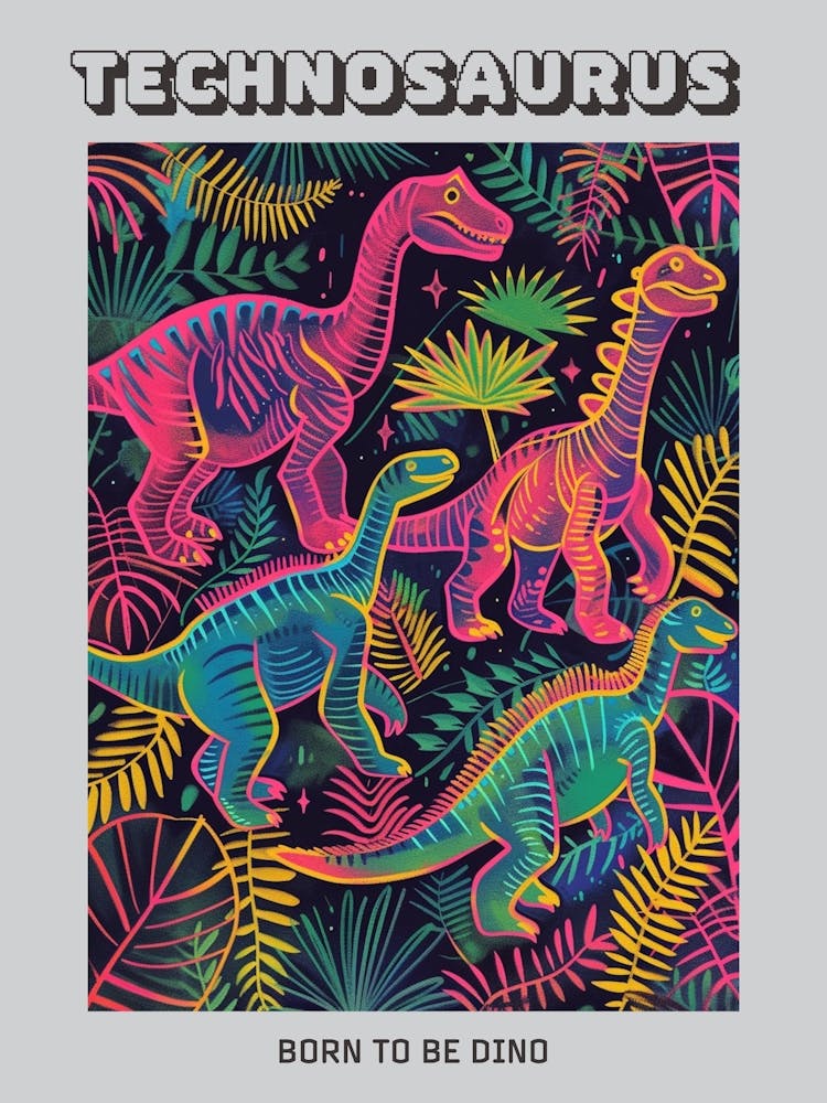 Dinosaur Neon Leaf Pattern Poster