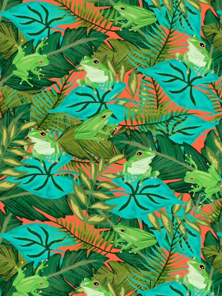 Hiding Tropical Tree Frogs in Green Foliage on Coral Orange