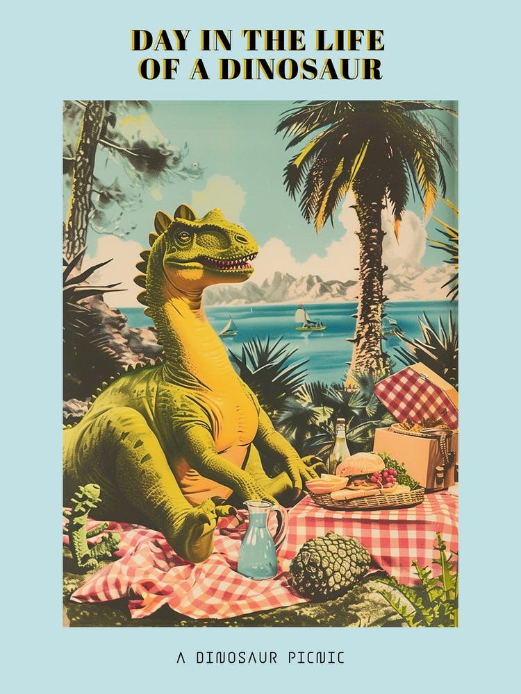 Dinosaur Having A Picnic Retro Collage 1 Poster