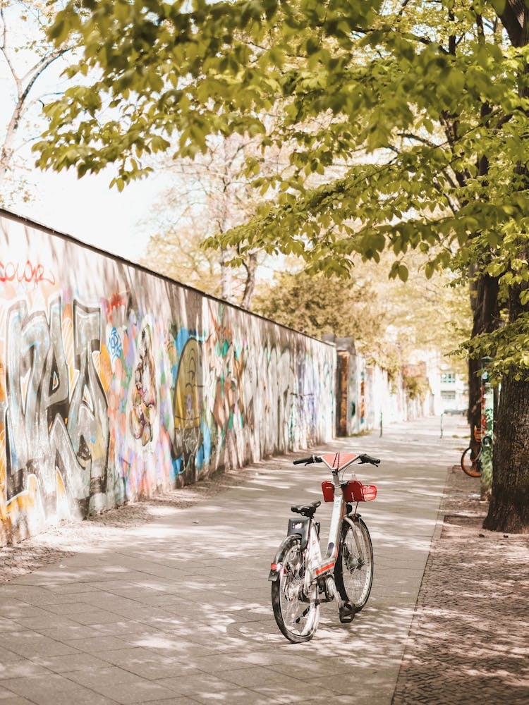 Berlin, Germany I Poetic springtime street scene with a bicycle by the Berlin Wall in pastel tones aesthetic urban greenery and colorful street art mural for a soft nostalgic atmosphere photography