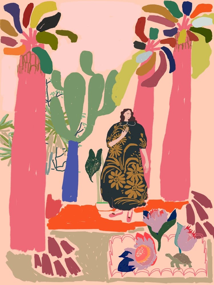 Woman In tropical Flower Garden