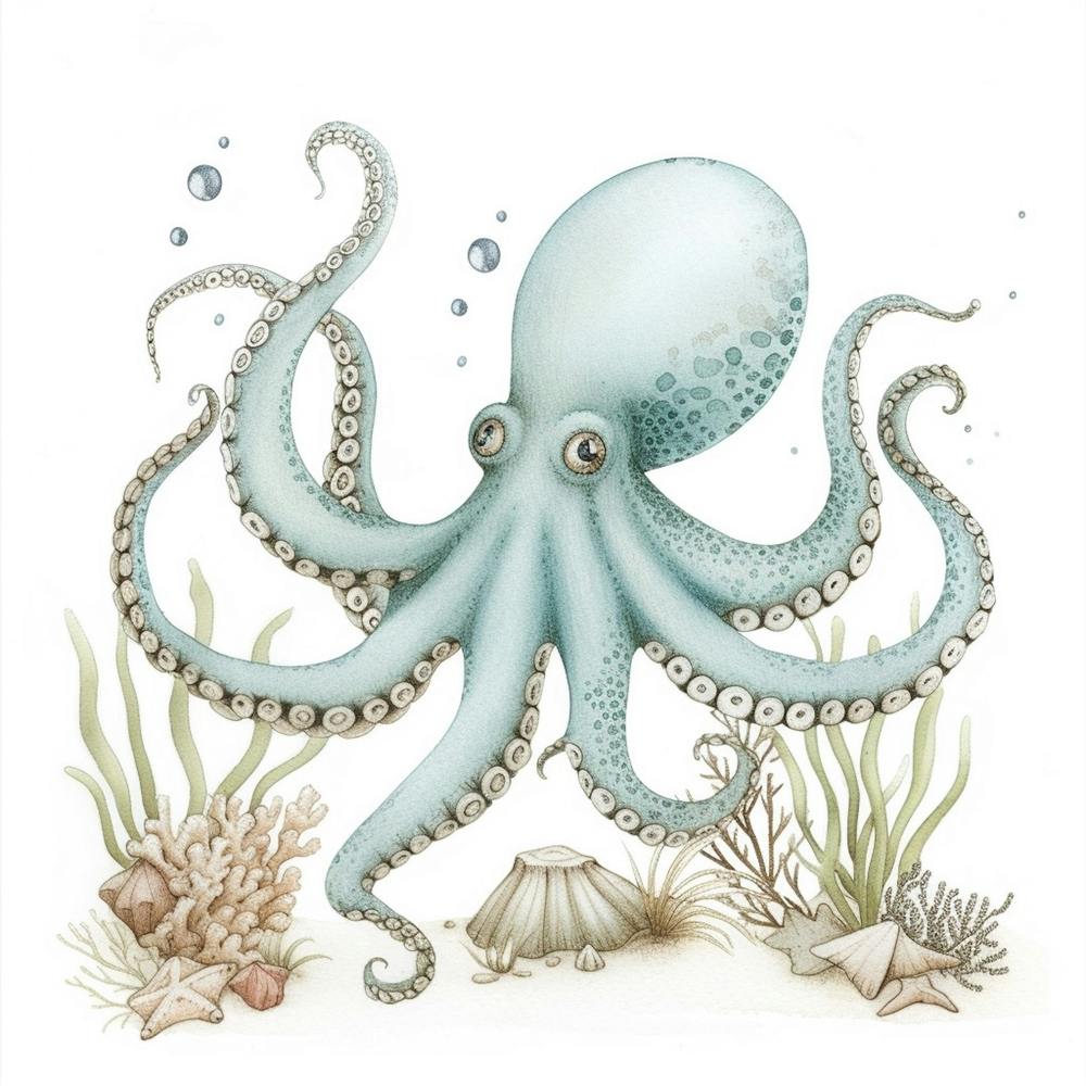 Storybook Style Octopus On The Ocean Floor With Aqua Marine Plants 2