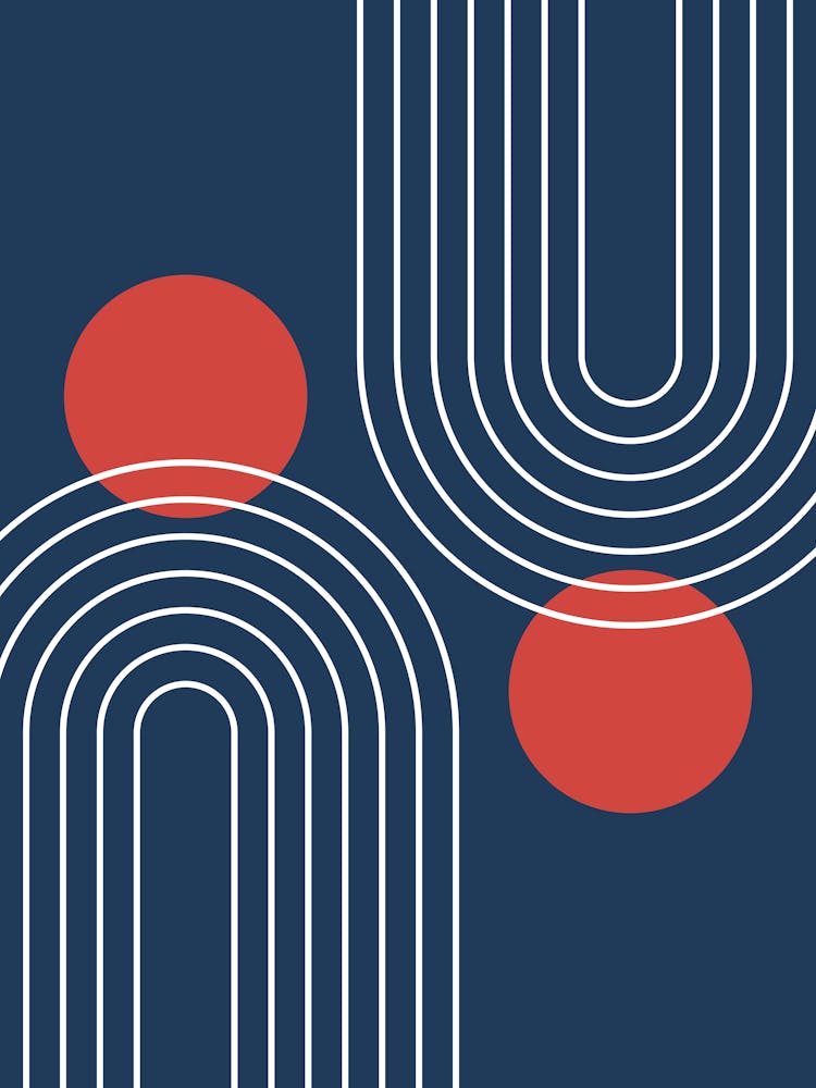 Mid Century Modern Geometric In Navy Blue And Clear Red (Rainbow And Sun Abstract) 01