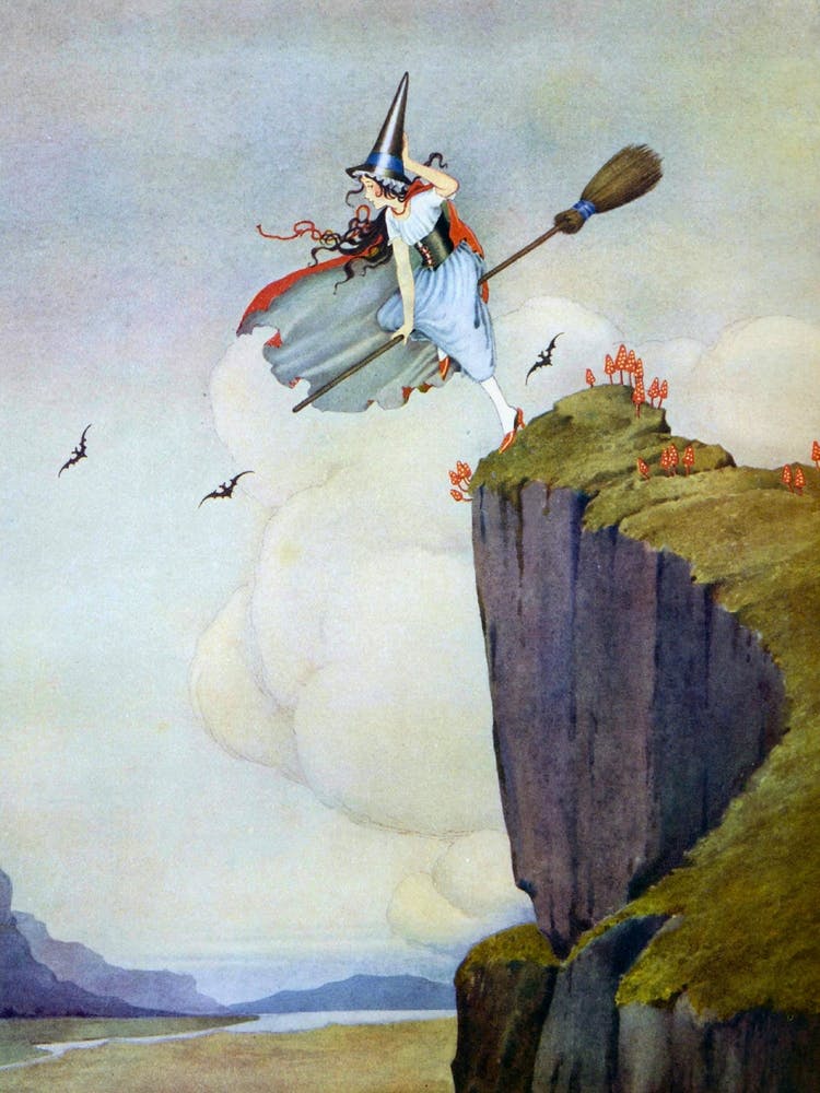 Witch on a Broomstick 1919 by Ida Rentoul Outhwaite - Red Cape and Black Bats Witchy Vintage Art Deco Fairycore Witchcore Witches Cottagecore Pagan Beautiful Remastered Drawing Witch on a Cliff Practicing Flying on a Broom