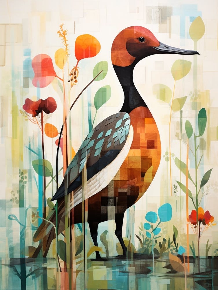 Peinture d'Oiseau Collage Morillon à Dos Blanc 1