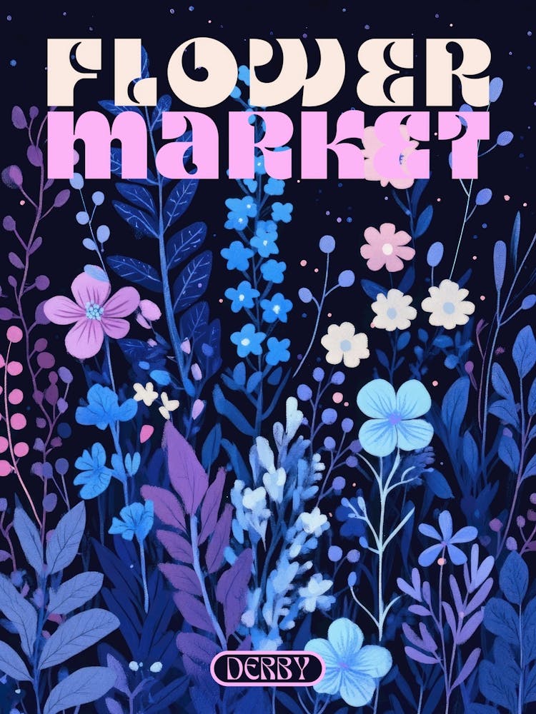 Derby city print flower market poster in dark blues, retro aesthetic floral illustration with 70s style typography, vintage travel prints perfect for eclectic living rooms, bedrooms, kitchens, entryways