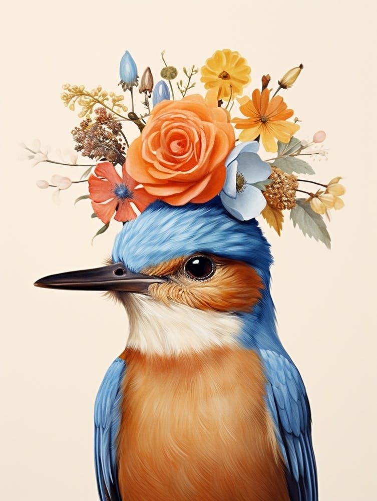 Oiseau avec une Couronne de Fleurs Oiseau bleu 1