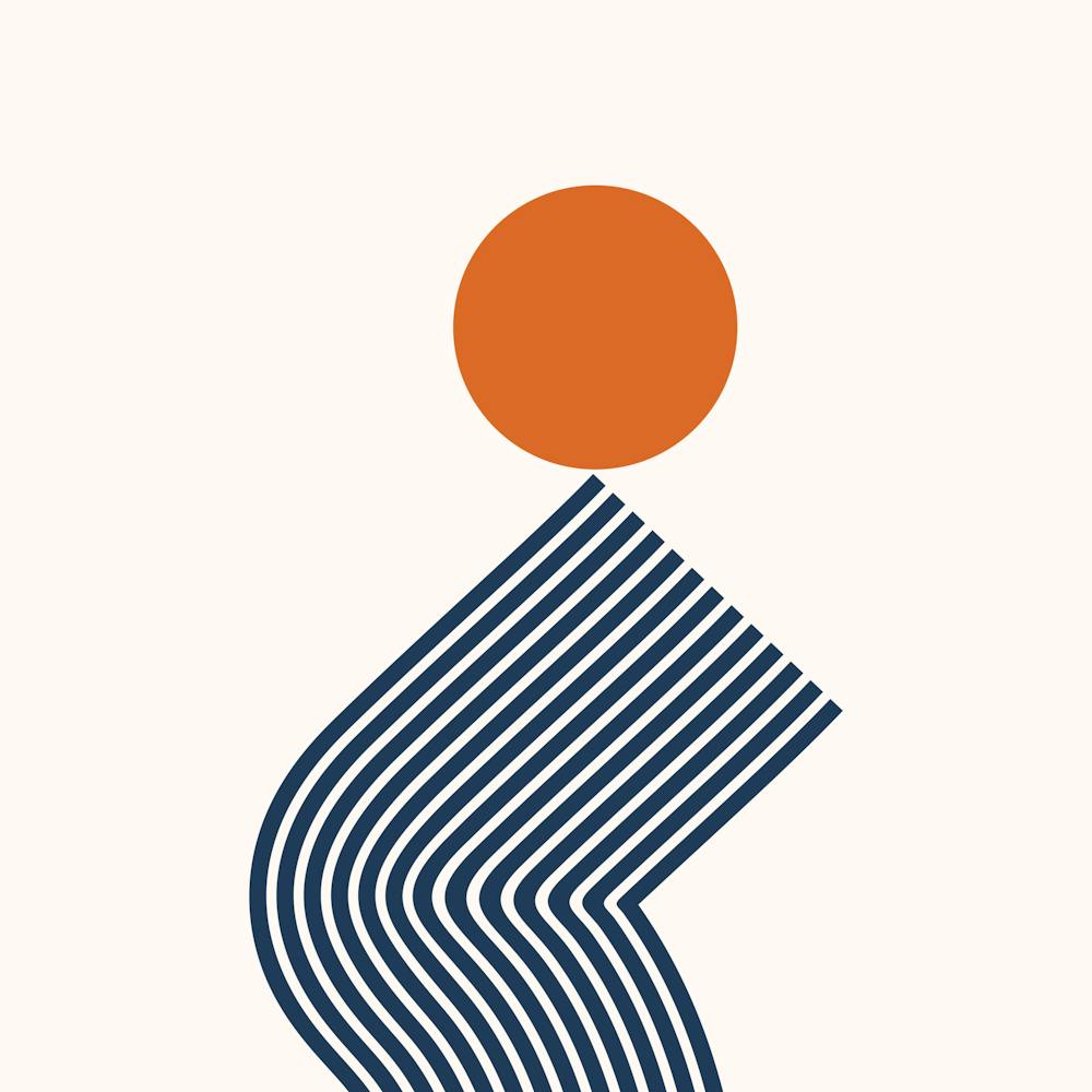 Geometric Lines Sun Rainbow Balance Playful Abstract in Navy Blue and Orange 2