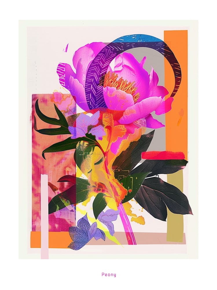 Peony 3 Neon Flower Collage Poster