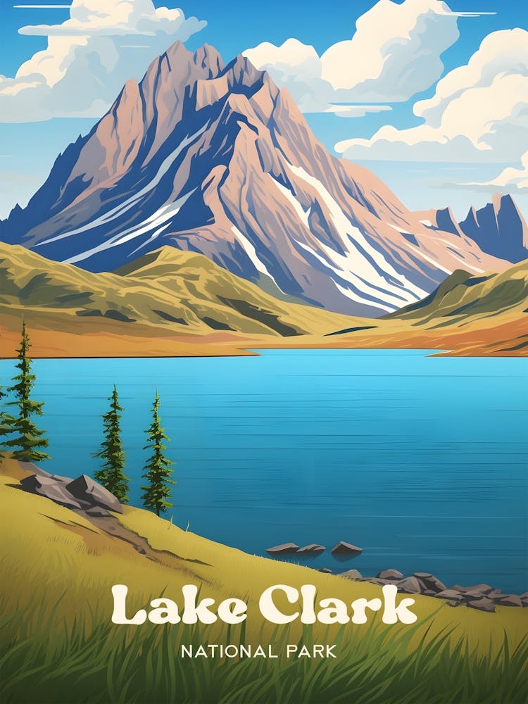 Lake Clark National Park Alaska Mountain Travel Illustration