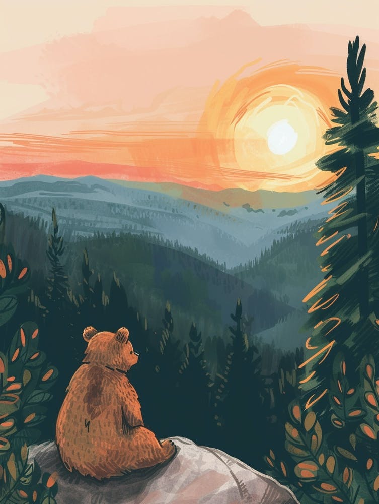 Sloth Bear Looking At A Sunset From A Mountaintop Storybook Illustration 1