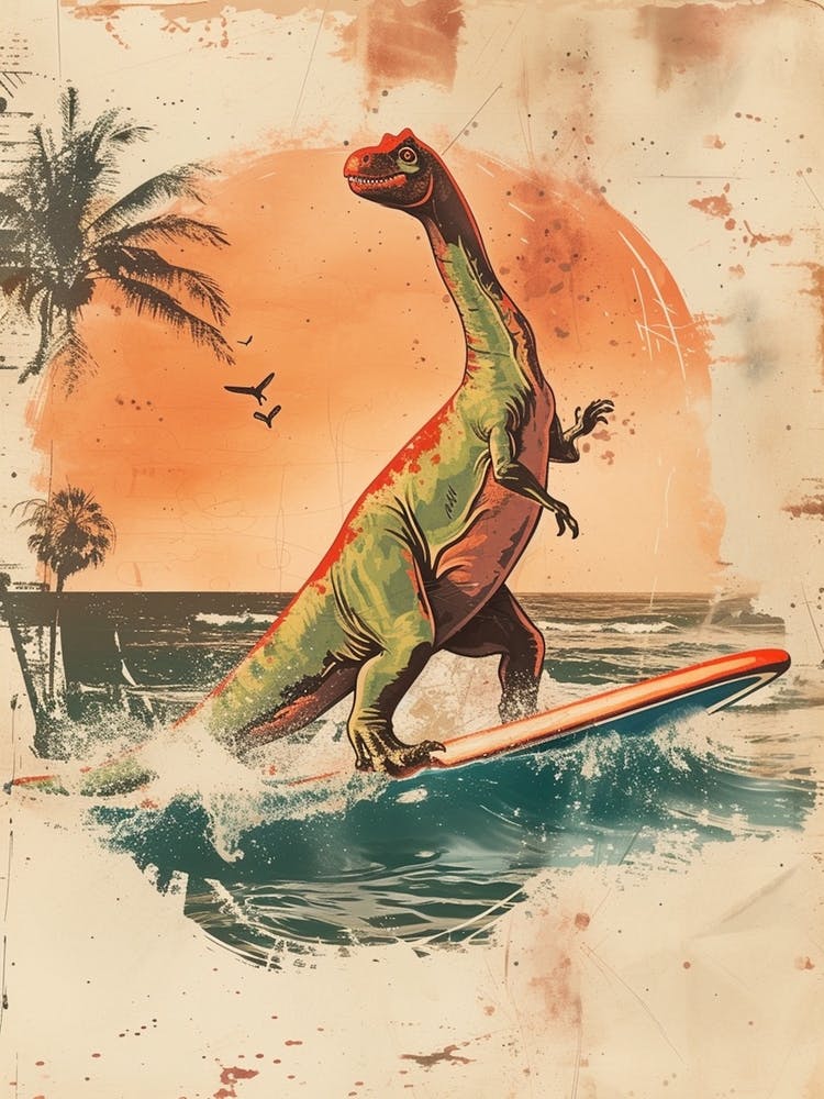 Vintage Camarasaurus Dinosaur On A Surf Board 1