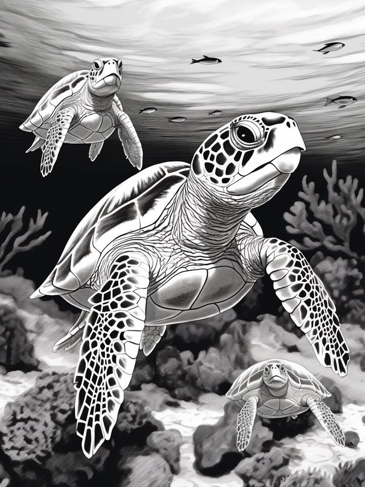 Illustration de Tortues de Mer Détaillées en Noir et Blanc