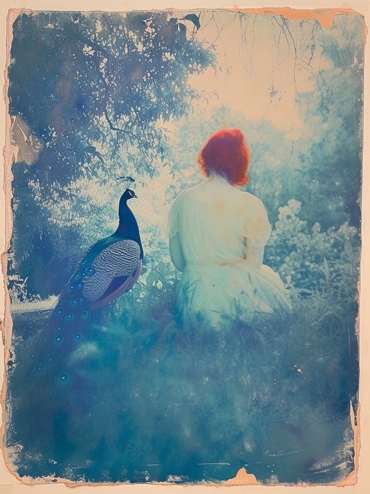 Vintage Photograph Of Peacock With Red Haired Woman