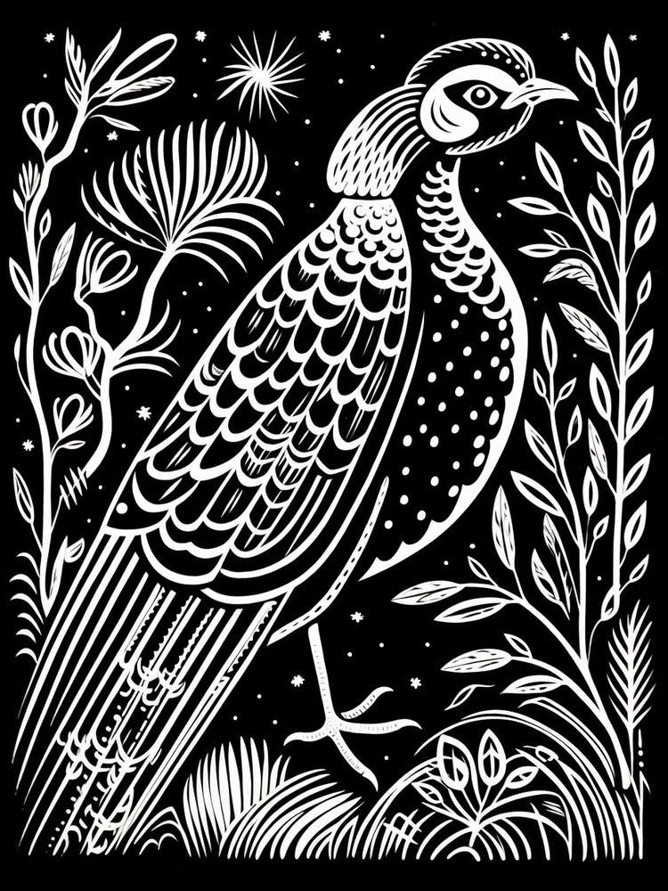 B&W Bird Linocut Pheasant 1