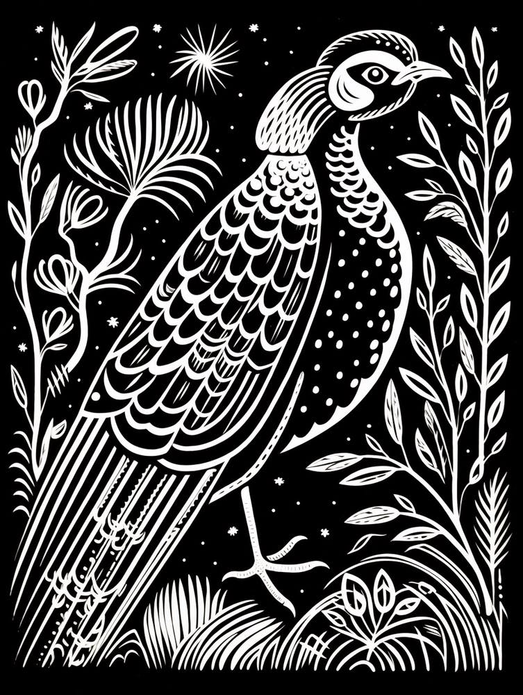 B&W Bird Linocut Pheasant 1