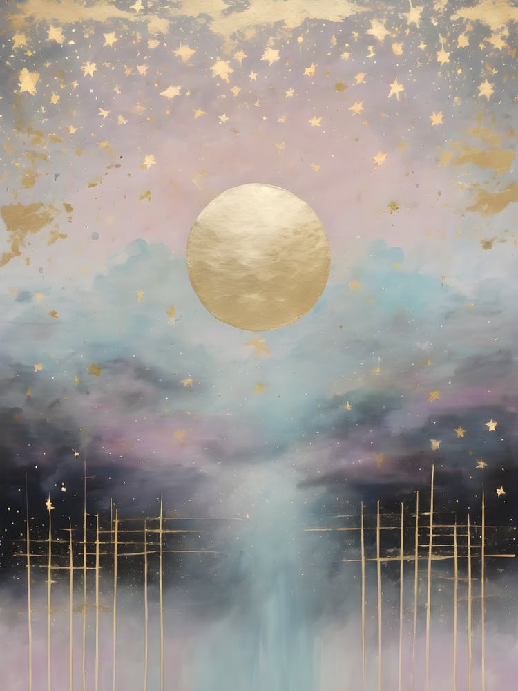 Wabi Sabi Dreams Collection 5 - Japanese Minimalism Abstract Moon Stars Mountains and Trees in Pale Neutral Pastels And Gold Leaf - Soul Scapes Nursery Baby Child or Meditation Room Tranquil Paintings For Serenity and Calm in Your Home