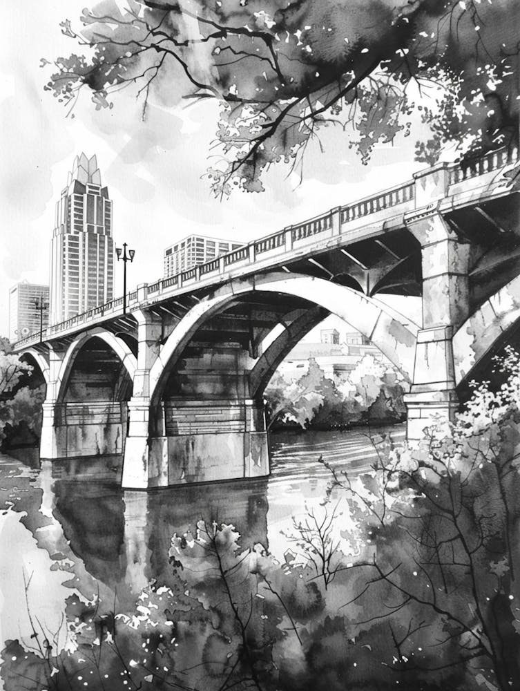 Congress Avenue Bridge Austin Texas Black And White Watercolour 4