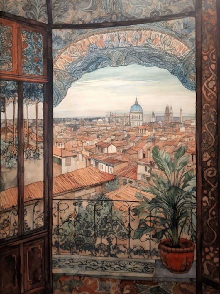 Vue de Barcelone depuis une fenêtre - Dans le style de l'Art Nouveau 4
