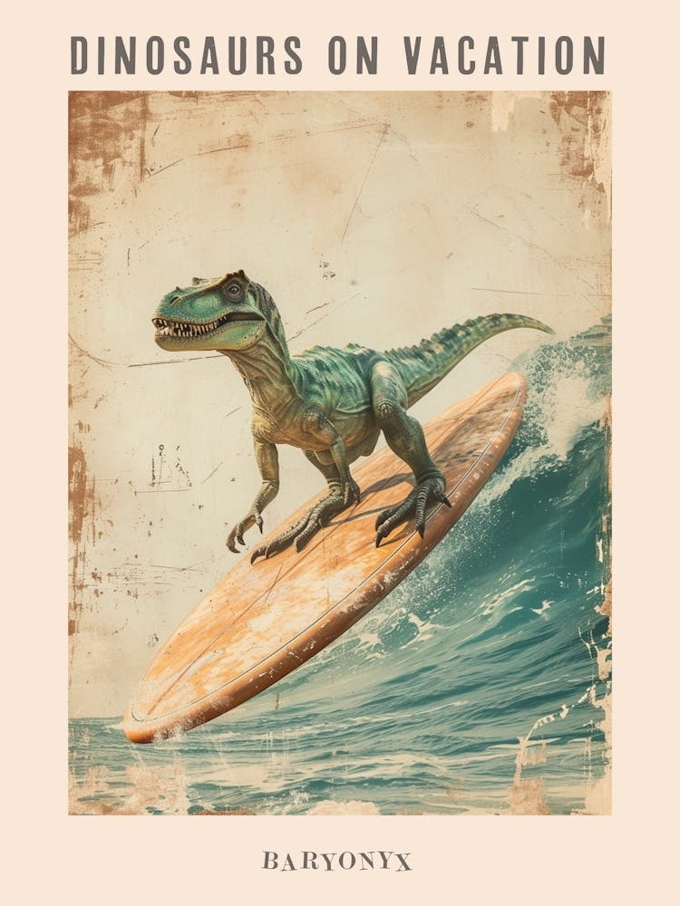 Vintage Baryonyx Dinosaur On A Surf Board 3 Poster