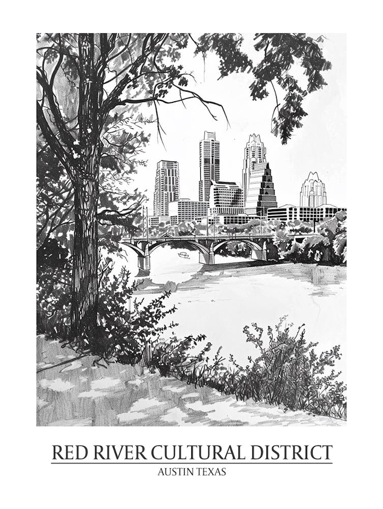 Red River Cultural District Austin Texas Black And White Drawing 1 Poster