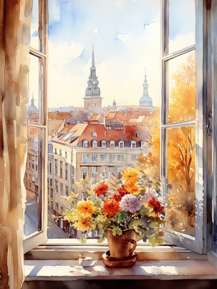 Window View Of Riga Latvia In Autumn Fall, Watercolour 1