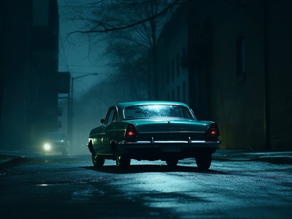 Hyper realistic AI art of vehicle driving at night  with city lights lighting the scene.