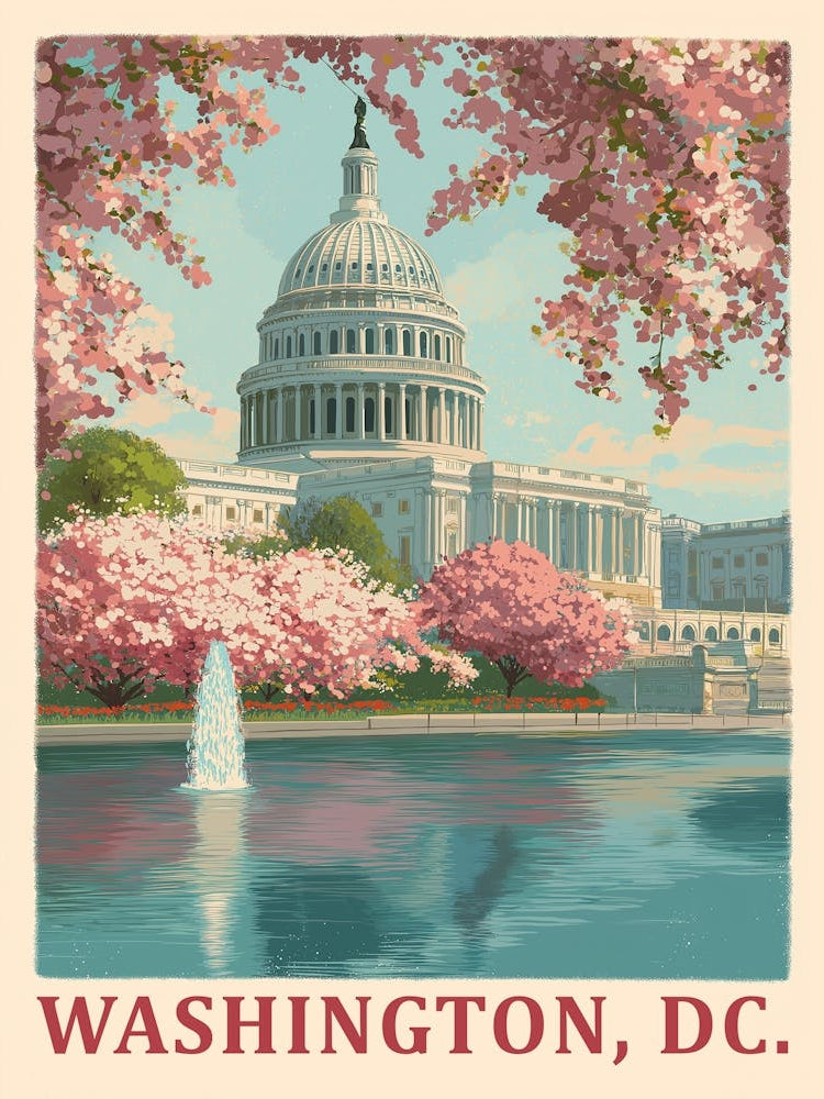 Vintage Washington DC Travel Poster – Cherry Blossoms & Capitol Building Art