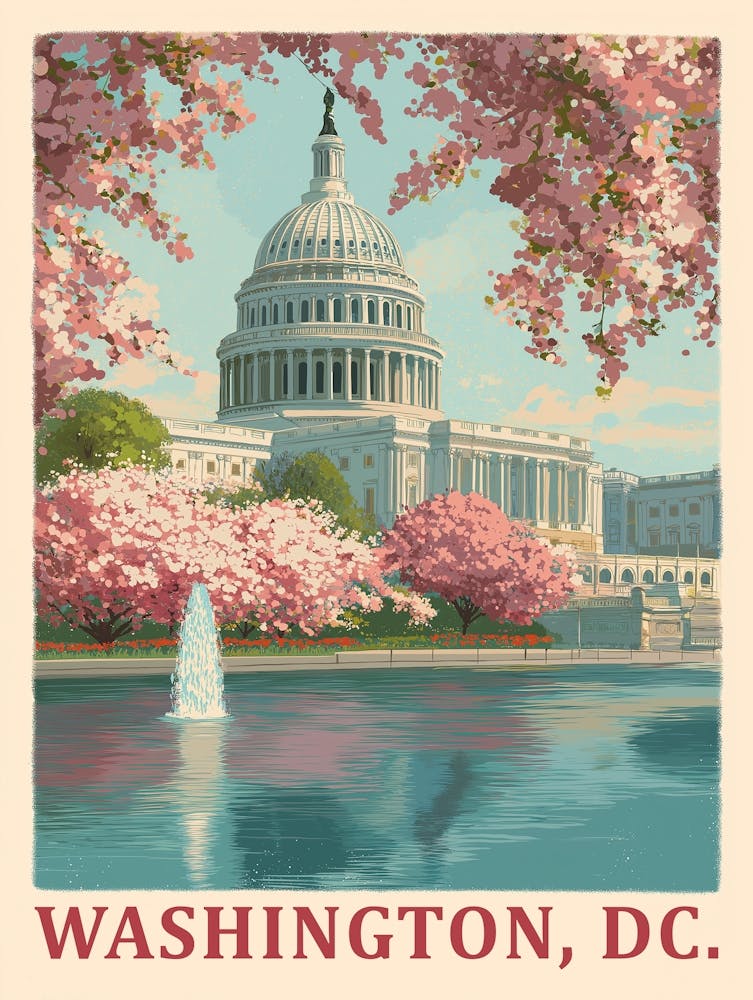 Vintage Washington DC Travel Poster – Cherry Blossoms & Capitol Building Art