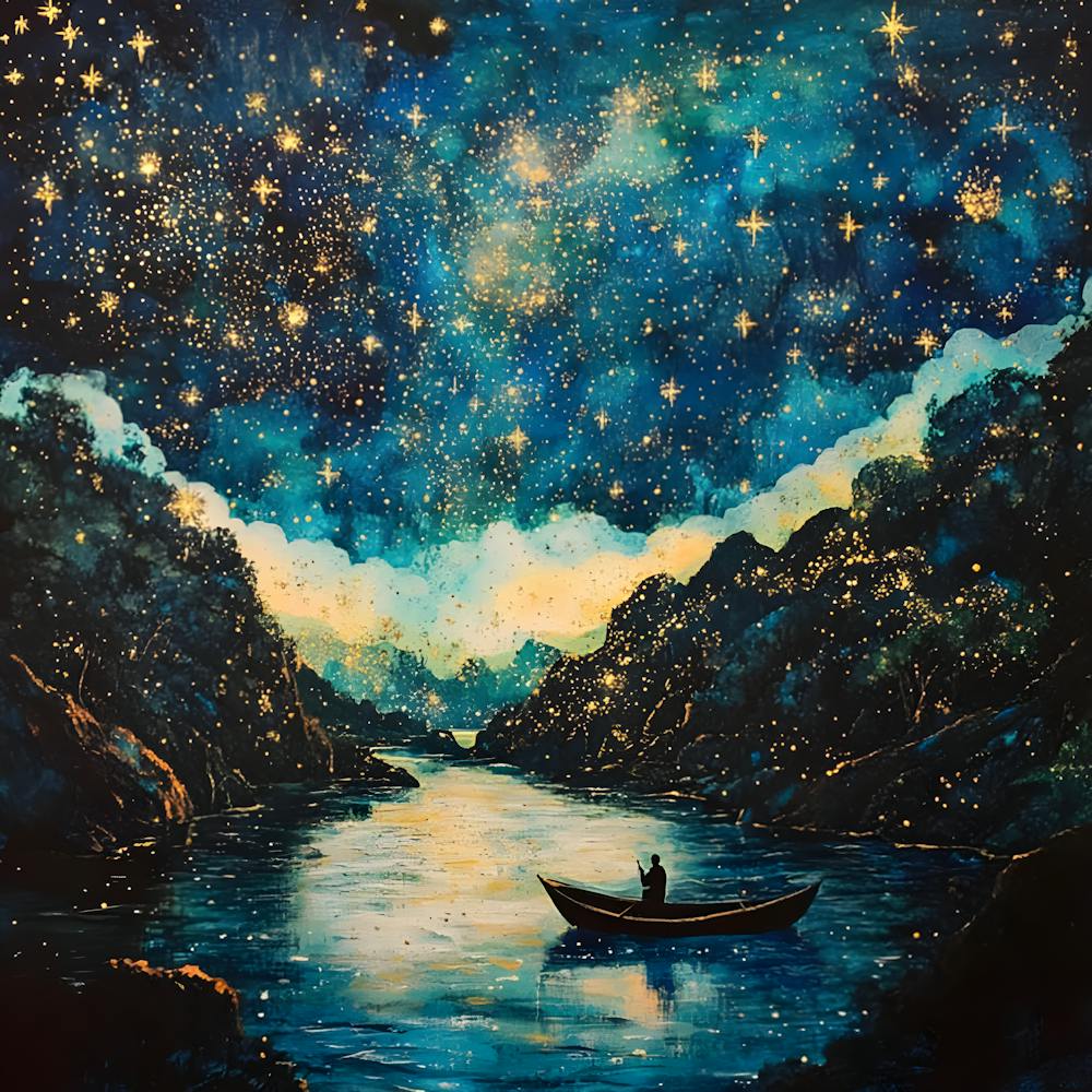 Starlit Serenity – Cosmic Night River Scene With Boat And Glowing Sky Wall Art
