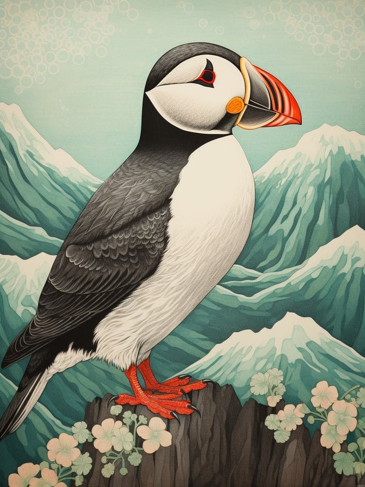 Ohara Koson Inspired Bird Painting Puffin 2
