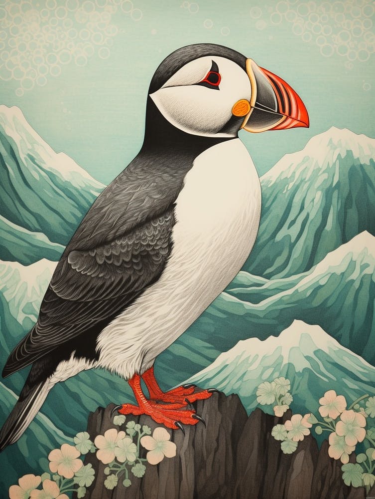 Ohara Koson Inspired Bird Painting Puffin 2