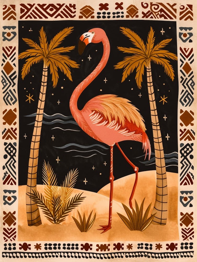 Greater Flamingo And Palm Trees Boho Print 1