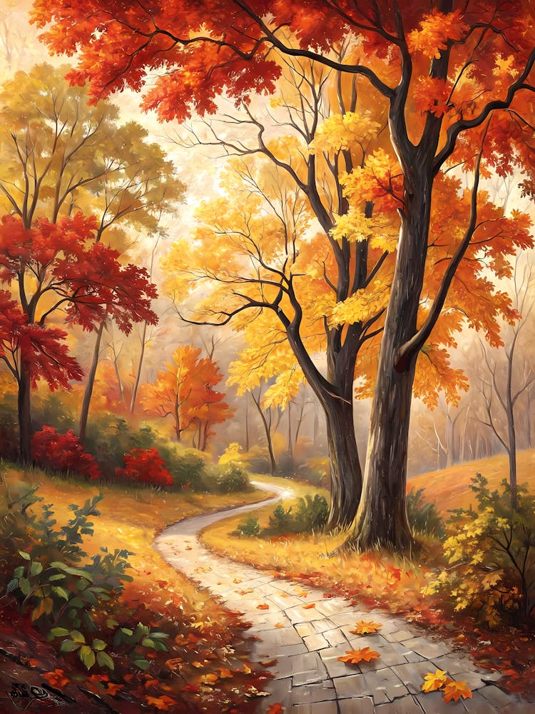 Oil Painting Style Golden Autumn Forest Winding Path & Vibrant Foliage