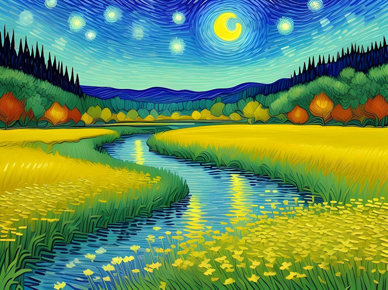 Oil painting with Van Gogh influences, landscape of fields and a stream crossing the horizon on a beautiful moonlit night.