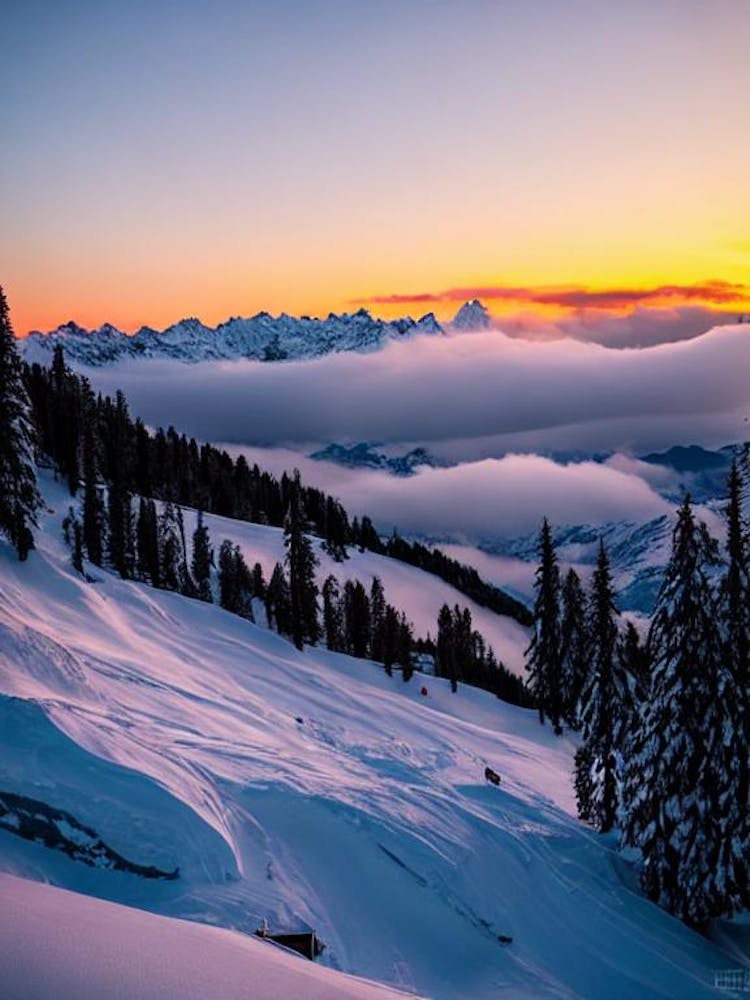 Saas Fee, Switzerland Sunrise Skiing Poster