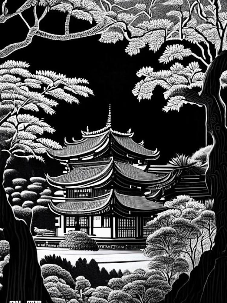 Tofuku Ji, 1, Japan Linocut Black And White Vintage