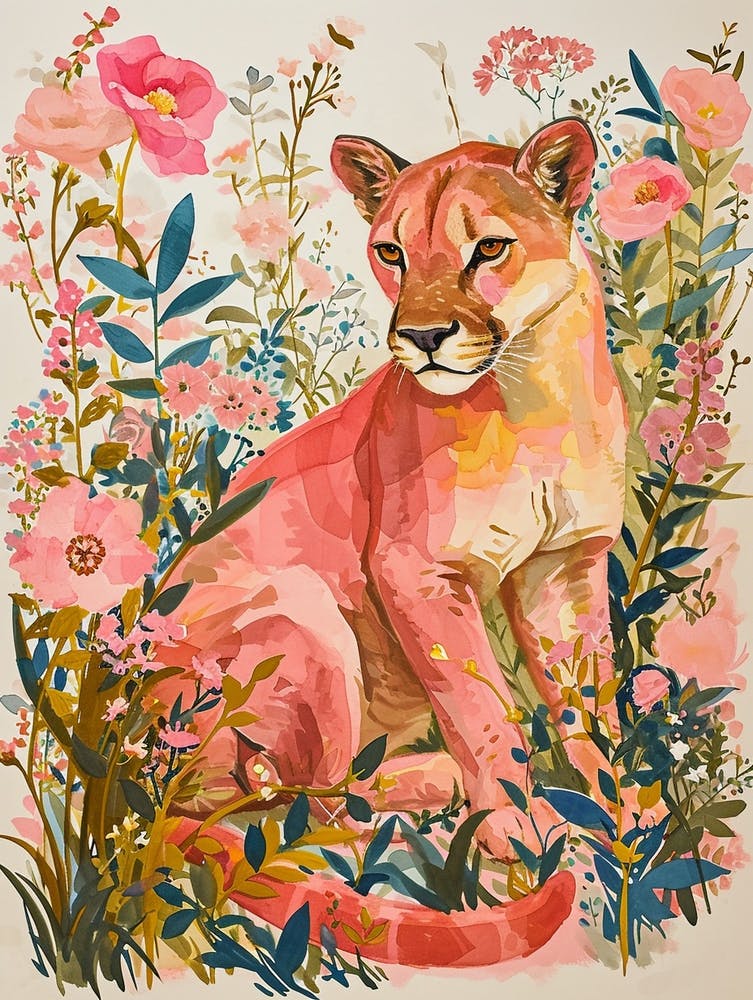 Floral Animal Painting Mountain Lion 2