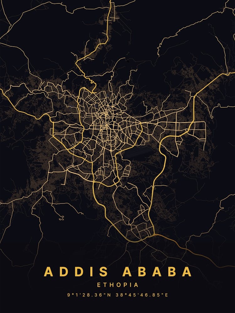 Addis Ababa Ethiopia Black And Gold Map