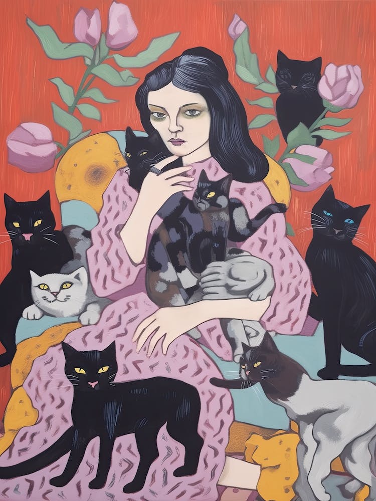 Katzenlady mit schwarzen Katzen 1