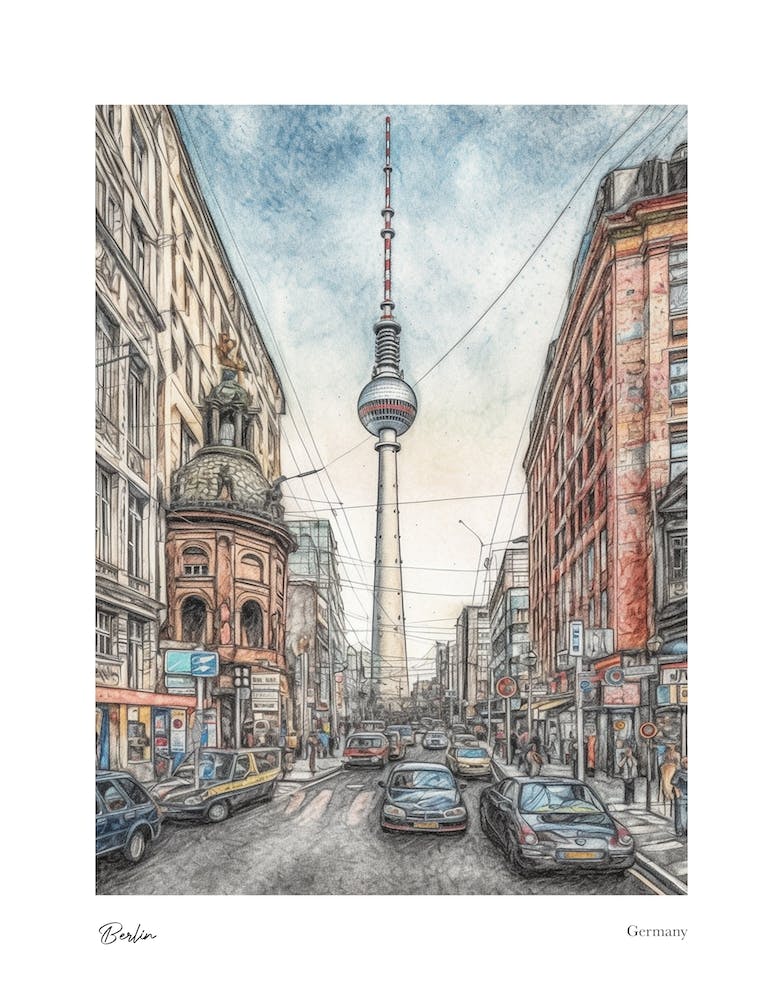 Berlin Germany Pencil Sketch 3 Watercolour Travel Poster