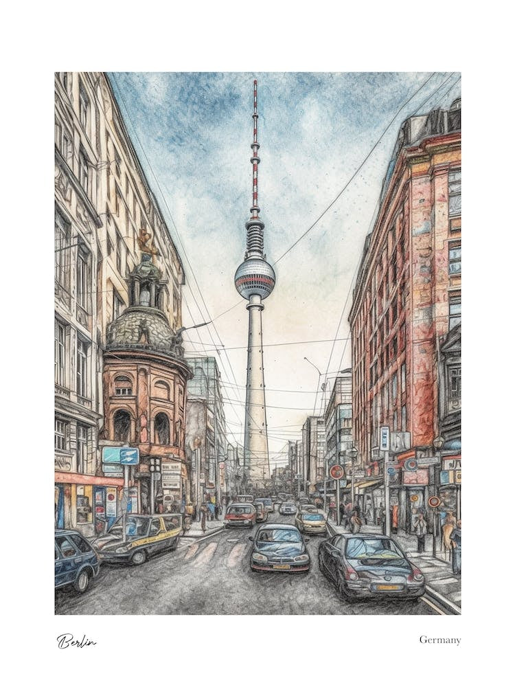 Berlin Germany Pencil Sketch 3 Watercolour Travel Poster