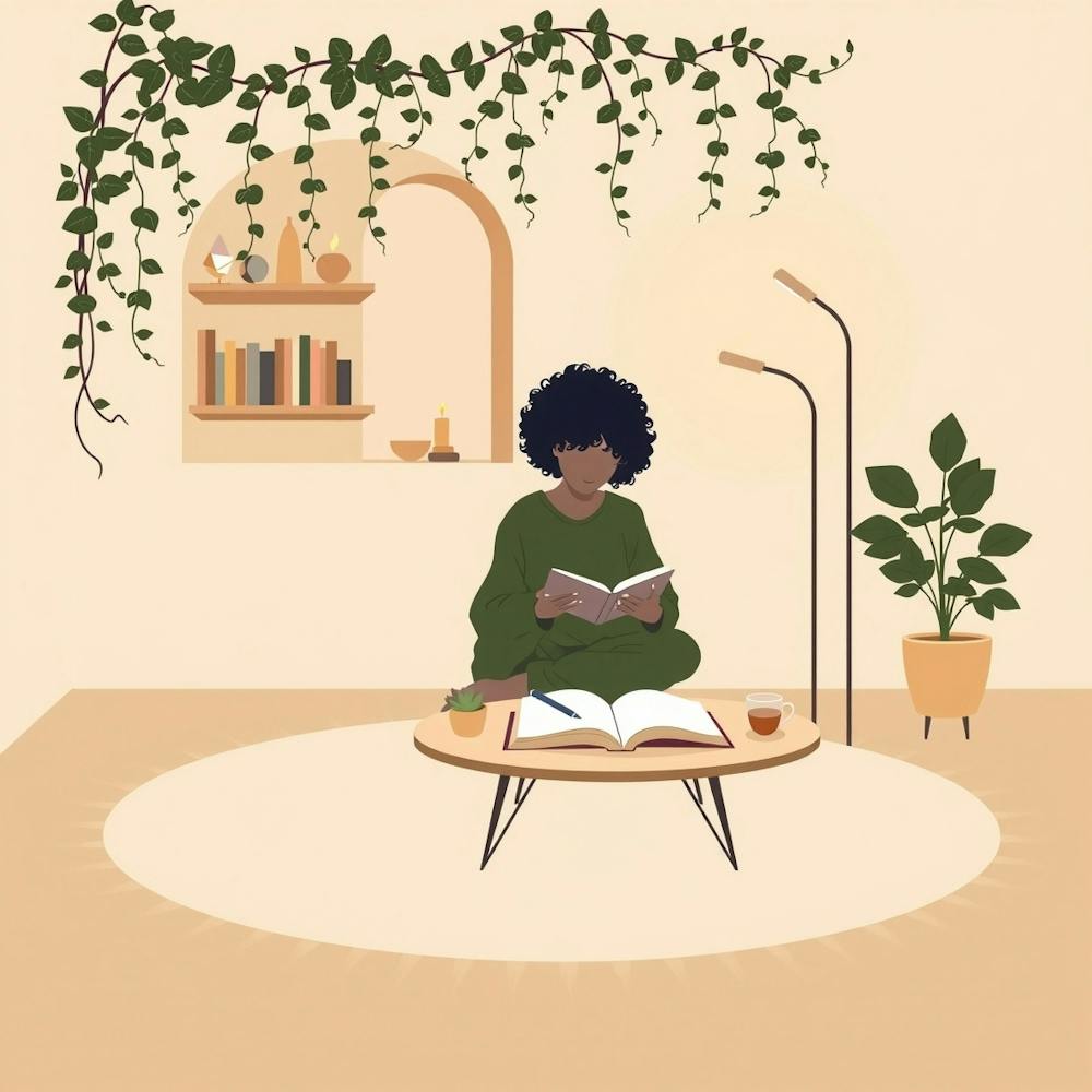 Woman Reading In The Living Room-Cozy place-Woman Reading In The Living Room-journaling in a notebook-Happy Home