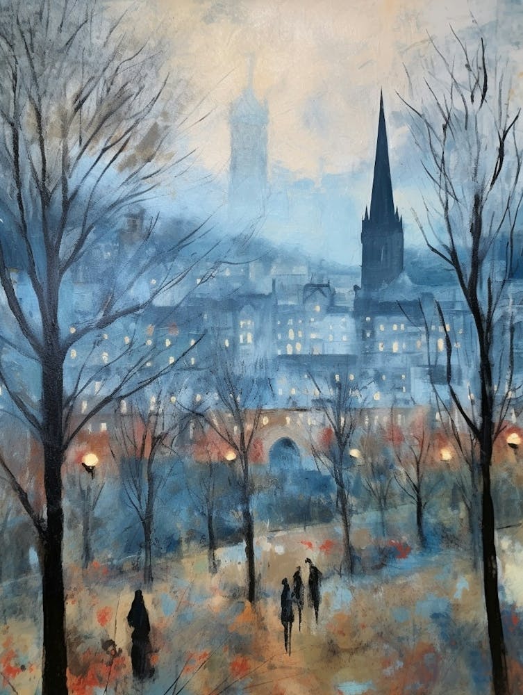 Winter City Park Painting Princes Street Gardens Edinburgh Scotland 1