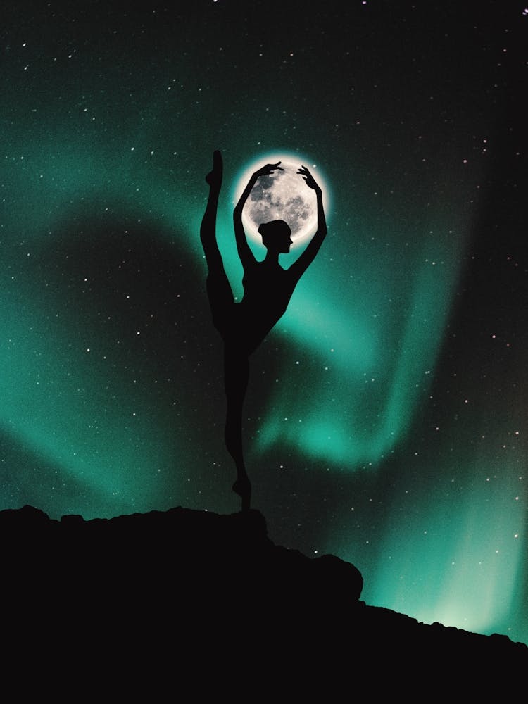 Silhouette Of A Dancer With Moon Aurora
