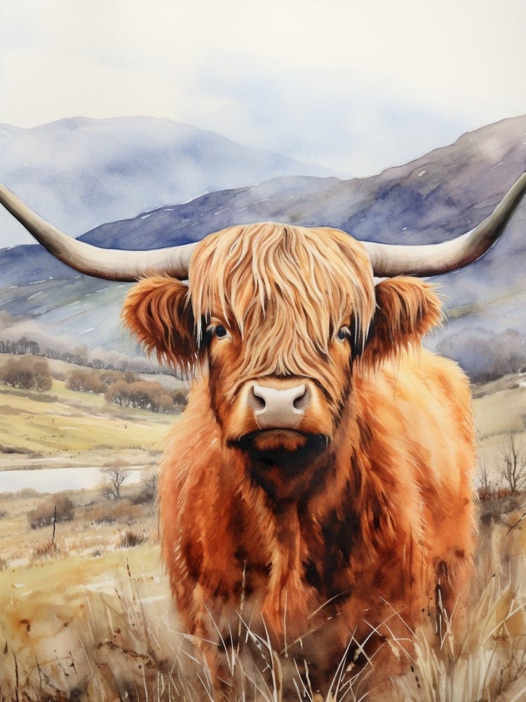 Watercolour Portrait Of Highland Cow In The Grass With The Mountains