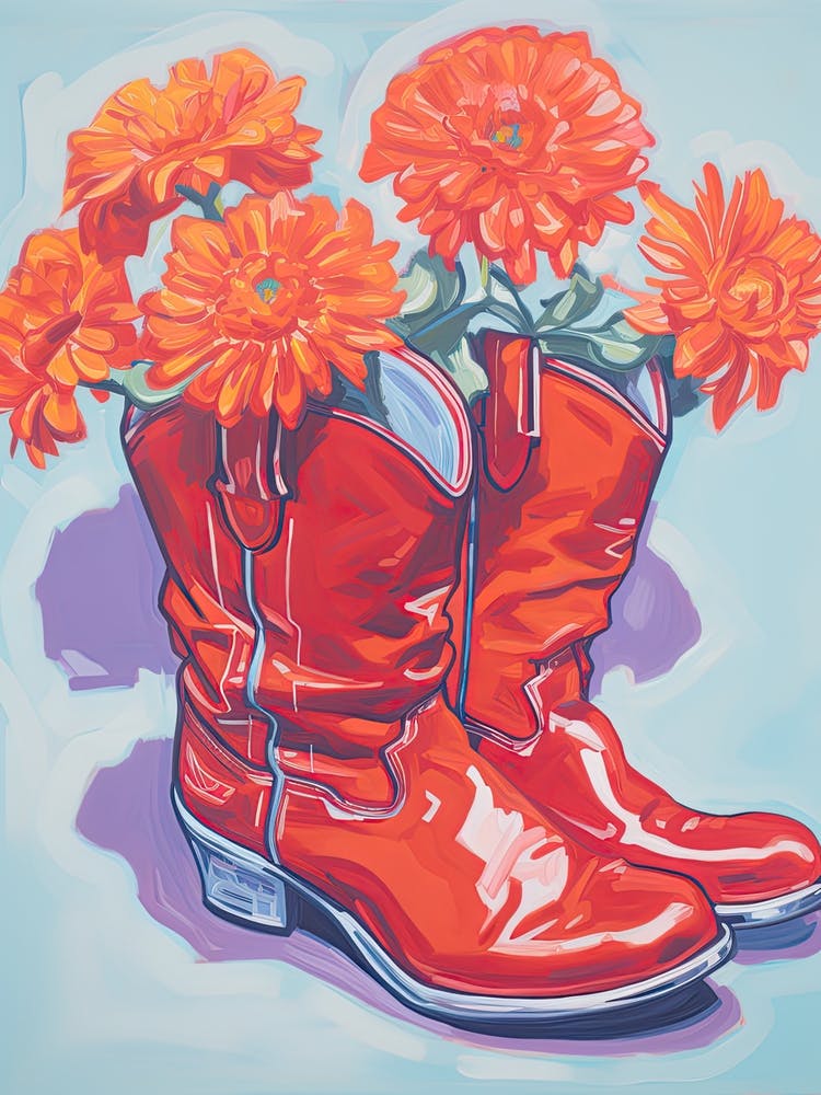 A Painting Of Cowboy Boots With Red Flowers, Fauvist Style, Still Life 6